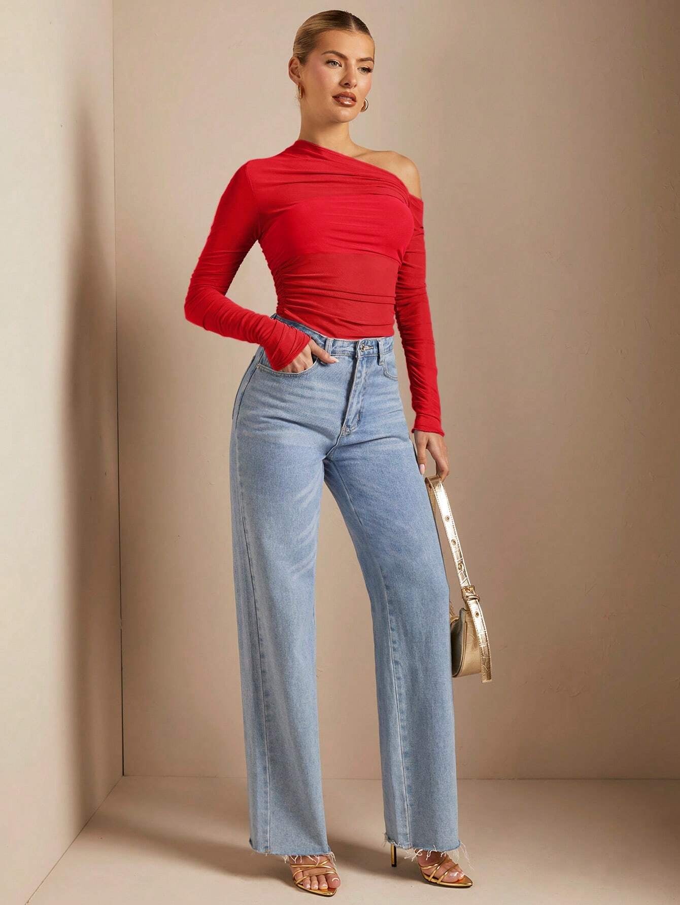 BAE off Shoulder Pucker up See through Fitted T-Shirt