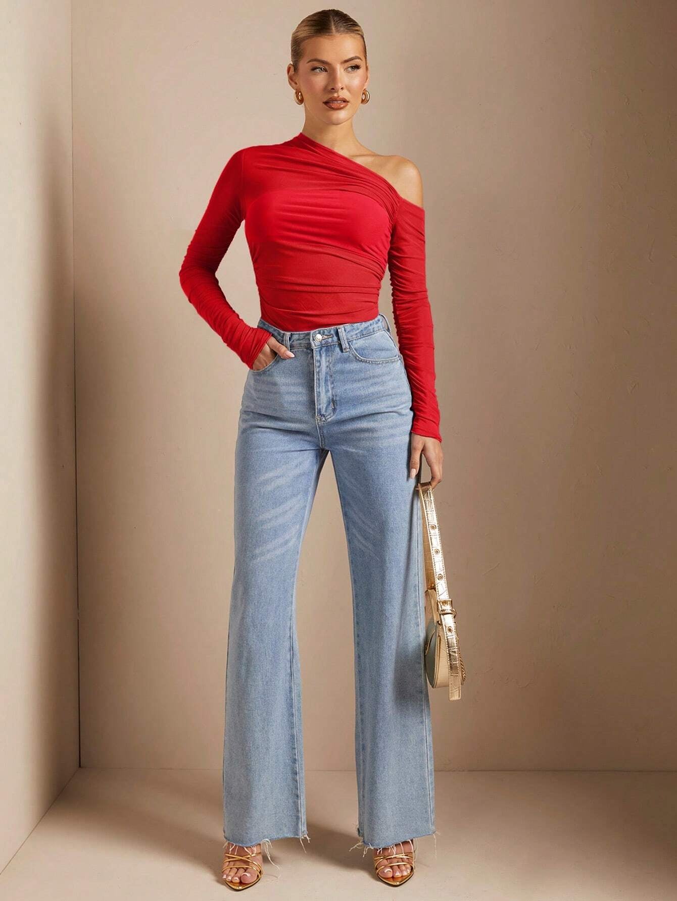 BAE off Shoulder Pucker up See through Fitted T-Shirt
