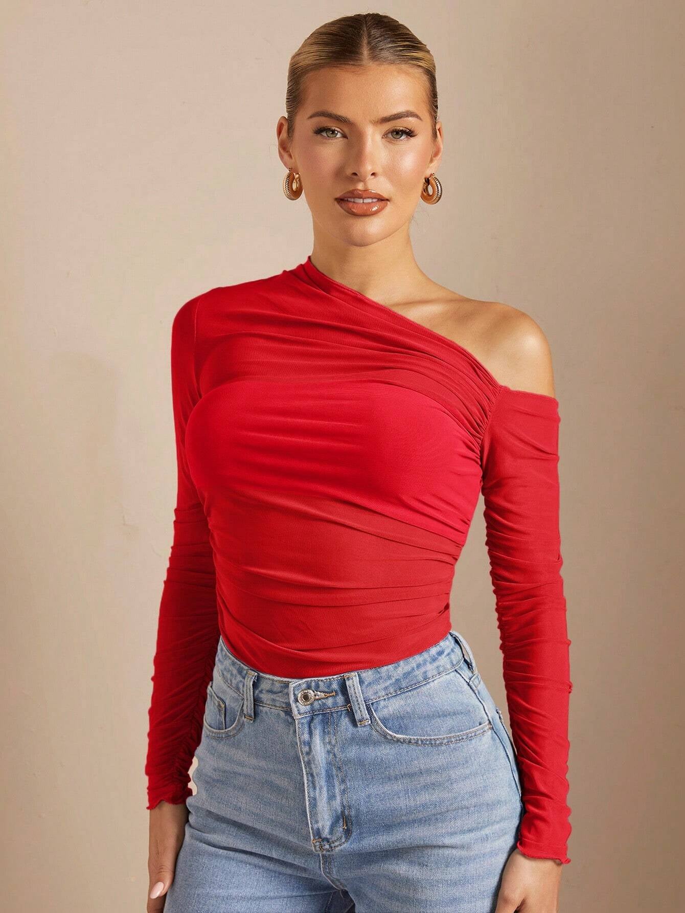 BAE off Shoulder Pucker up See through Fitted T-Shirt