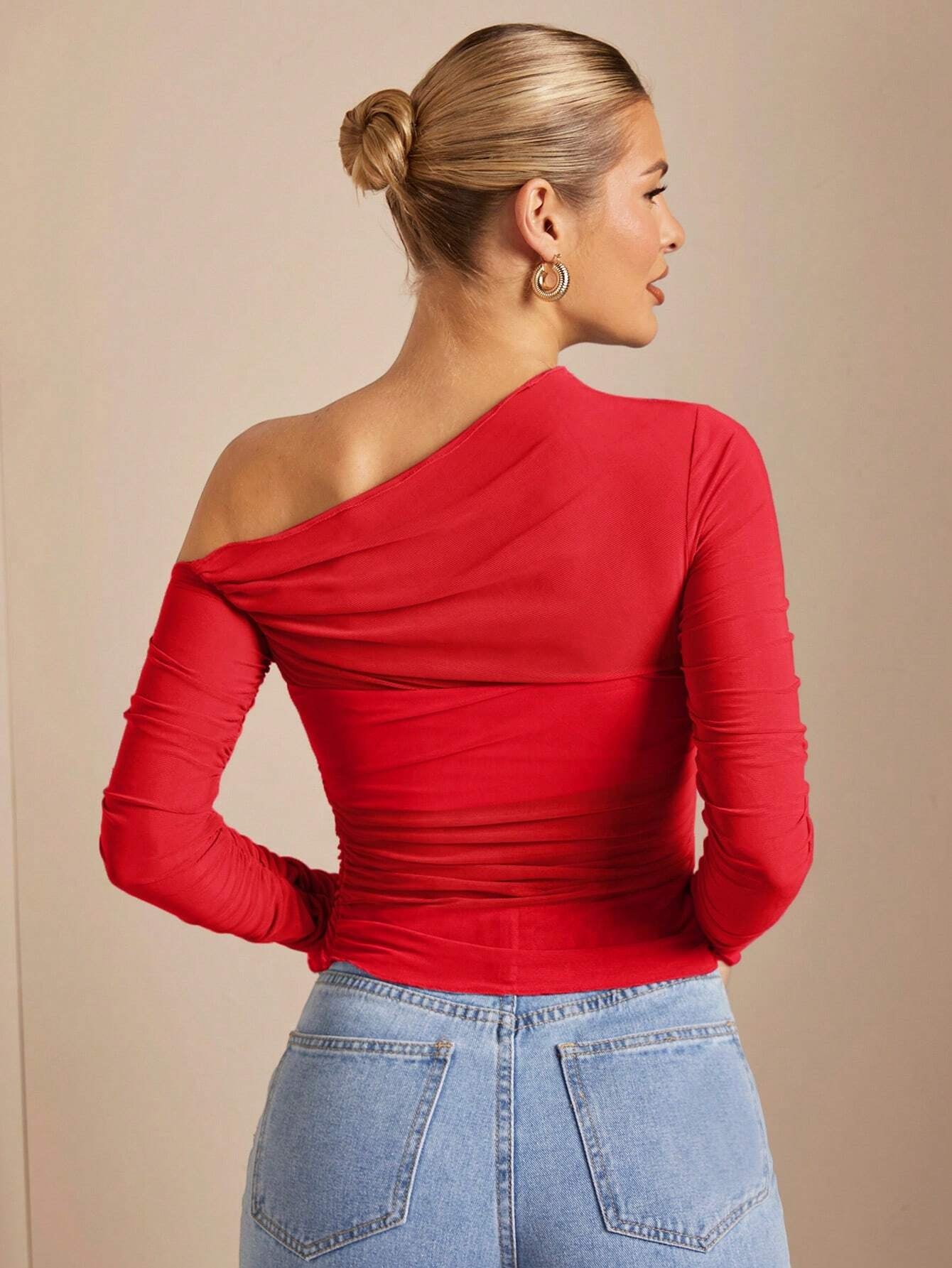 BAE off Shoulder Pucker up See through Fitted T-Shirt