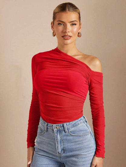 BAE off Shoulder Pucker up See through Fitted T-Shirt