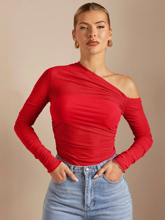 BAE off Shoulder Pucker up See through Fitted T-Shirt